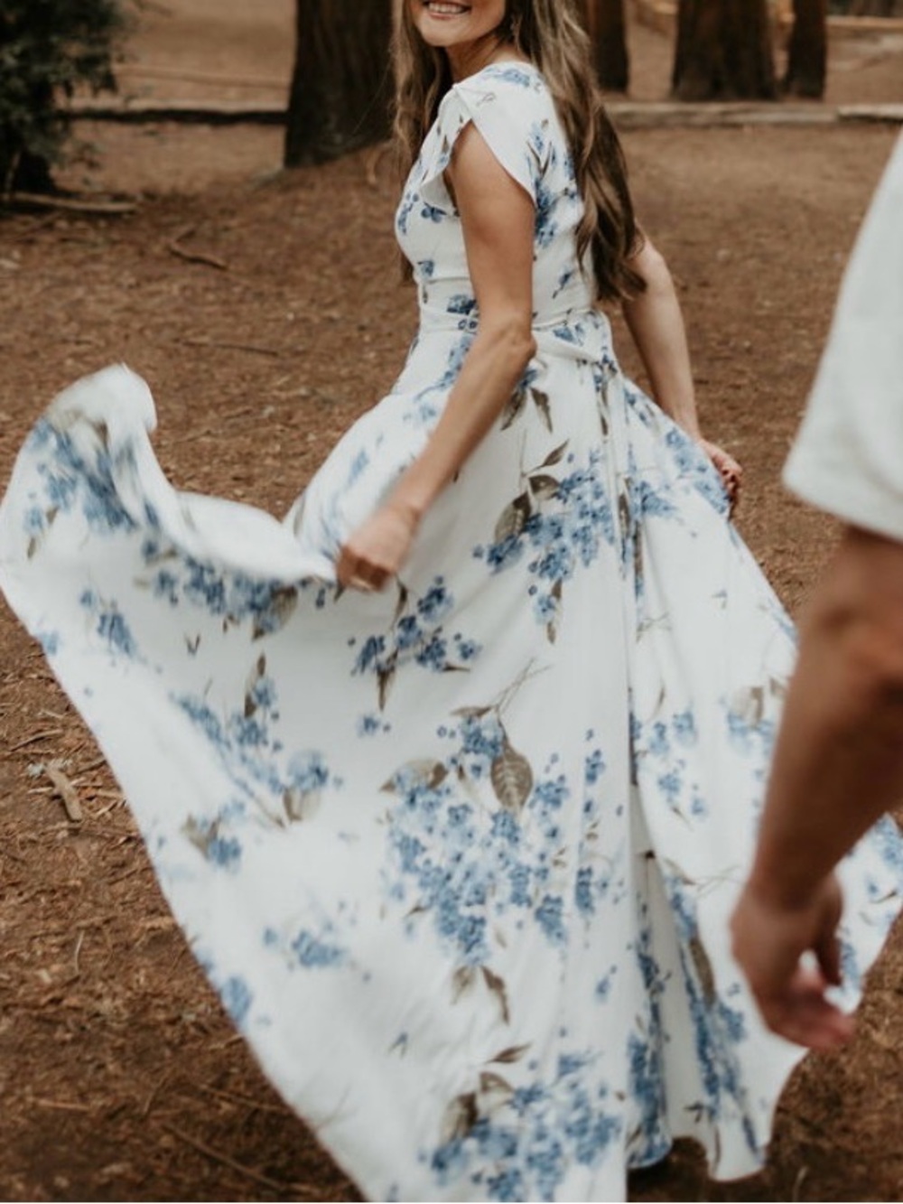 Lulu's White Floral Wrap High-Low Dress with Blue Blooms